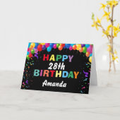 ハッピー28誕生日カラフルバルーンズブラック カード (黄色い花)