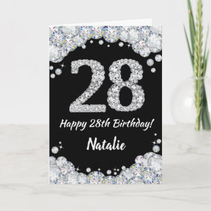 ハッピー28誕生日ブラック&シルバーグリッターカード カード