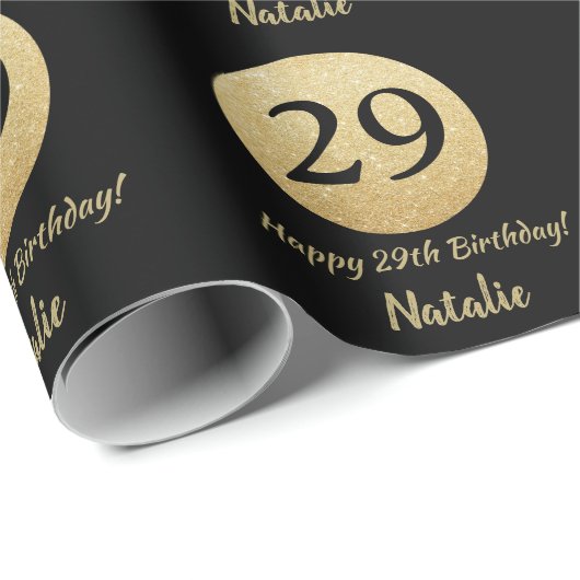 ハッピー29th誕生日ブラックアンド金ゴールドグリッター ラッピングペーパー (ロールコーナー)