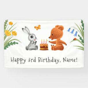 ハッピー3歳の誕生日テディベアバニーケーキキャンドル 横断幕