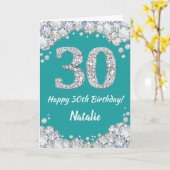 ハッピー30歳の誕生日ティール(緑がかった色)とシルバーグリッターカード カード (黄色い花)