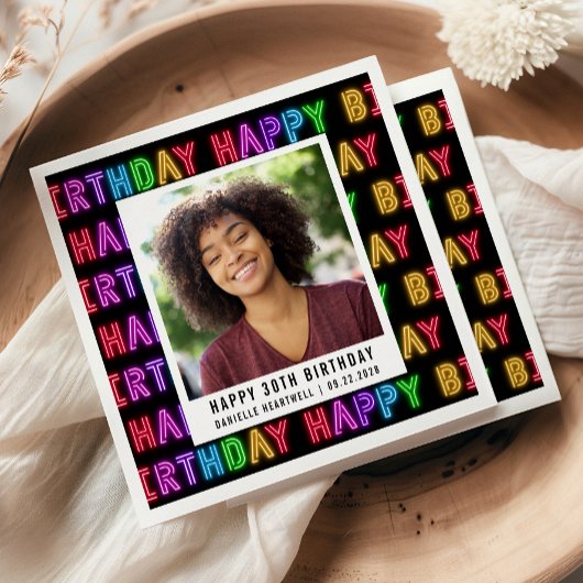 ハッピー30歳の誕生日フォトレインボーネオン スタンダードカクテルナプキン