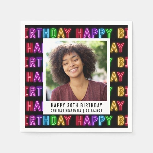 ハッピー30歳の誕生日フォトレインボーネオン スタンダードカクテルナプキン (正面)