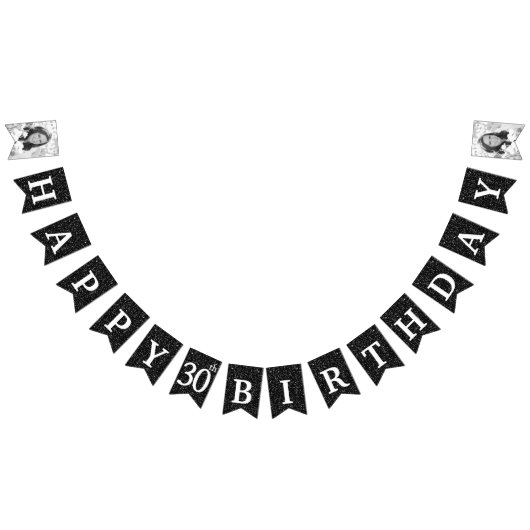 ハッピー30thバースデーフォトブラックグリッター バンティングフラッグ (全)