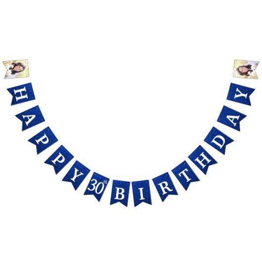 ハッピー30thバースデーフォトブルーグリッター バンティングフラッグ (全)