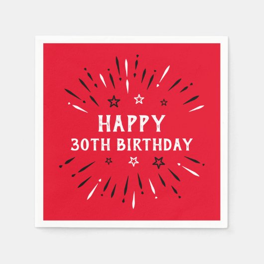 ハッピー30thバースデー花火レッド白黒 スタンダードカクテルナプキン (正面)