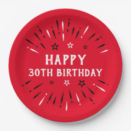 ハッピー30thバースデー花火レッド白黒 ペーパープレート