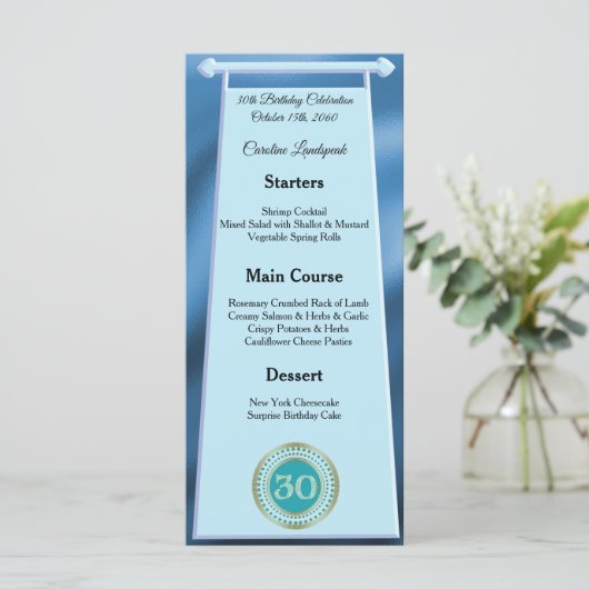 ハッピー30th誕生日ティール(緑がかった色)ブルーグリッターフォイル メニュー (スタンド正面)