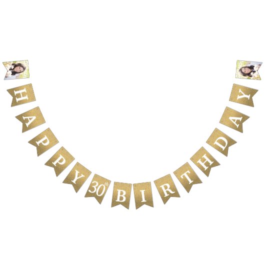 ハッピー30th誕生日フォト金ゴールドグリッター バンティングフラッグ (全)