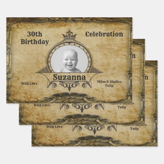 ハッピー30th誕生日ヴィンテージフォトモノグラム金ゴールド ラッピングペーパーシート (セット)