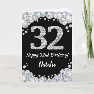 ハッピー32誕生日ブラック&シルバーグリッターカード カード