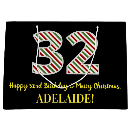 ハッピー32誕生日&メリークリスマス、名前をカスタムする ラージペーパーバッグ (正面)