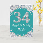 ハッピー34誕生日ティール(緑がかった色)とシルバーグリッターカード カード (黄色い花)
