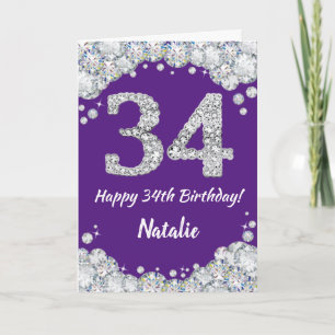 ハッピー34誕生日パープルとシルバーグリッターカード カード