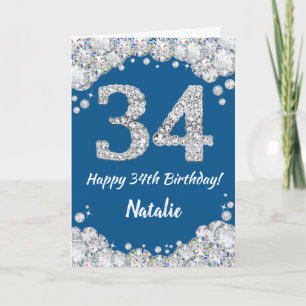 ハッピー34誕生日ブルー&シルバーグリッターカード カード