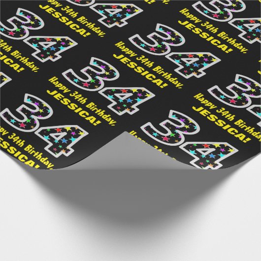 ハッピー34誕生日、おもしろいカラフルスターパターン34 ラッピングペーパー (角)