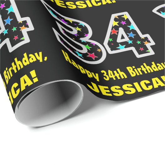 ハッピー34誕生日、おもしろいカラフルスターパターン34 ラッピングペーパー (ロールコーナー)