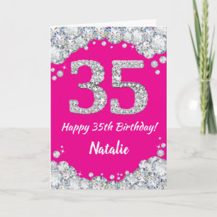 ハッピー35th誕生日ホットピンクアンドシルバーグリッター カード
