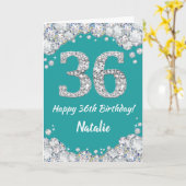 ハッピー36誕生日ティール(緑がかった色)とシルバーグリッターカード カード (黄色い花)