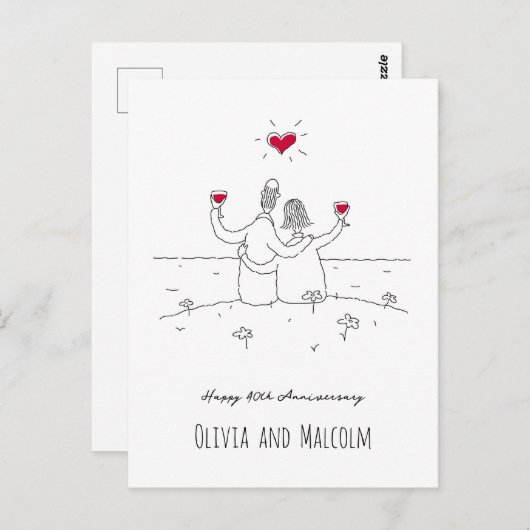 ハッピー40周年結婚赤いハートカップル ポストカード (正面/裏面)