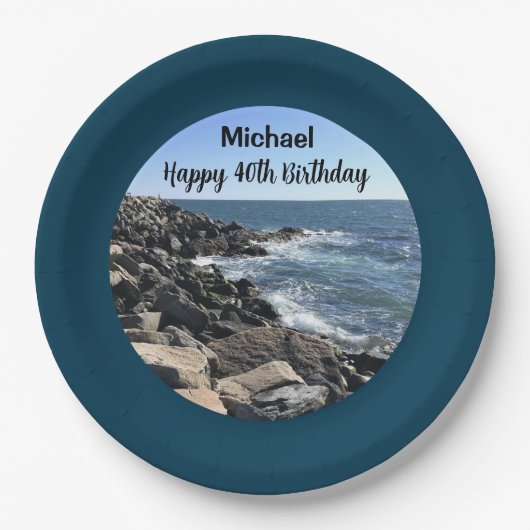 ハッピー40歳の誕生日の写真海深いブルー ペーパープレート (正面)
