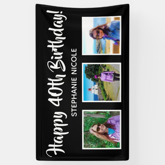 ハッピー40歳の誕生日の黒パーソナライズされた写真 横断幕 (縦)