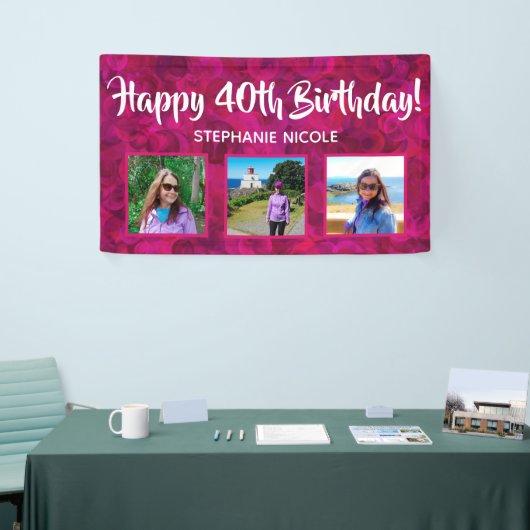 ハッピー40歳の誕生日ピンクのパーソナライズされた写真 横断幕 (トレードショー)