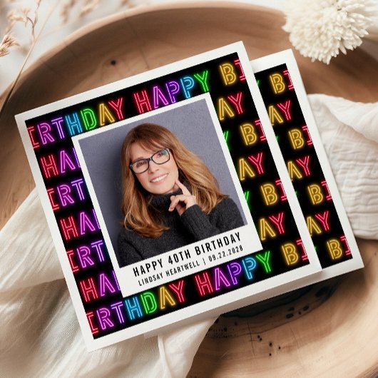 ハッピー40歳の誕生日フォトレインボーネオン スタンダードカクテルナプキン