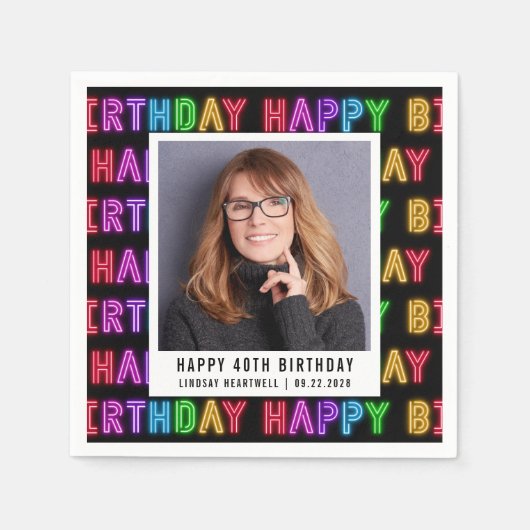 ハッピー40歳の誕生日フォトレインボーネオン スタンダードカクテルナプキン (正面)