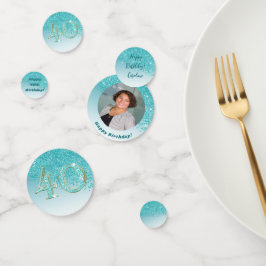 ハッピー40thバースデーシックティール（緑がかった色）ブルーグリッター コンフェッティ