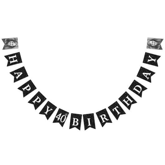 ハッピー40thバースデーフォトブラックグリッター バンティングフラッグ (全)