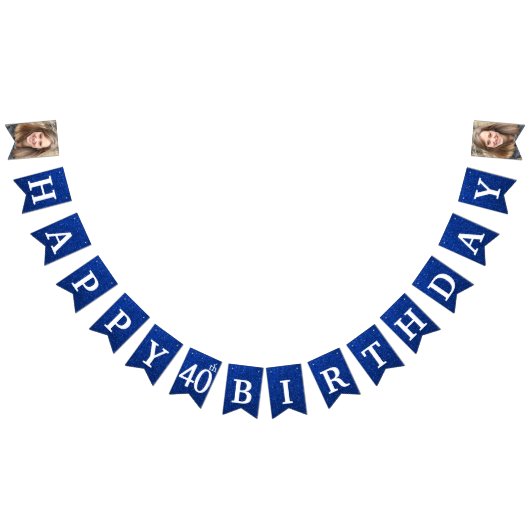 ハッピー40thバースデーフォトブルーグリッター バンティングフラッグ (全)