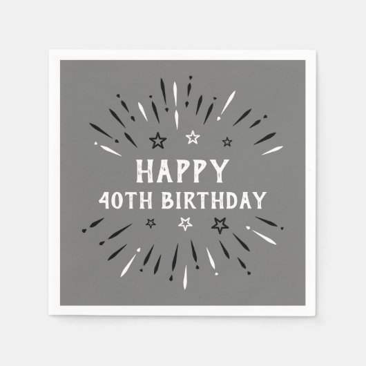 ハッピー40th誕生日の花火グレー白黒 スタンダードカクテルナプキン (正面)