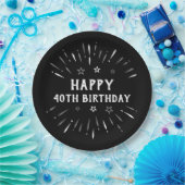 ハッピー40th誕生日の花火白黒グレー ペーパープレート (パーティー)