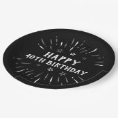ハッピー40th誕生日の花火白黒グレー ペーパープレート (アングル)
