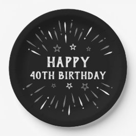 ハッピー40th誕生日の花火白黒グレー ペーパープレート