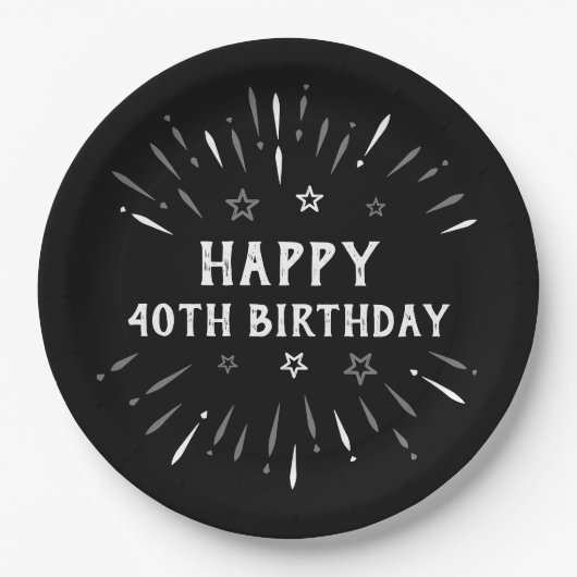ハッピー40th誕生日の花火白黒グレー ペーパープレート (正面)
