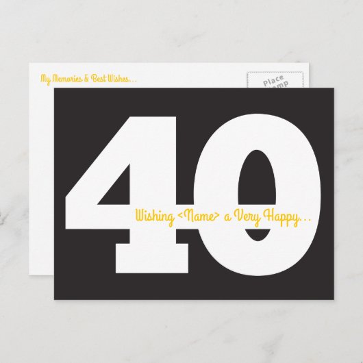 ハッピー40th誕生日はがき – 黒と黄色 ポストカード (正面/裏面)