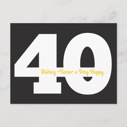 ハッピー40th誕生日はがき – 黒と黄色 ポストカード (正面)