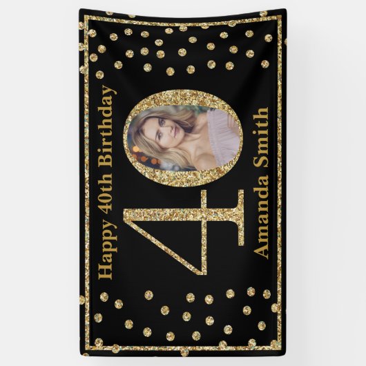 ハッピー40th誕生日バナーブラックと金ゴールド写真 横断幕 (縦)