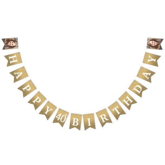 ハッピー40th誕生日フォト金ゴールドグリッター バンティングフラッグ (全)