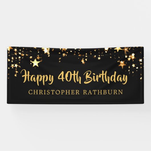 ハッピー40th誕生日ブラック金ゴールドスターまたはテキスト 横断幕 (横)