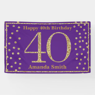 ハッピー40th Birthdayバナーパープル&金ゴールドグリッター 横断幕