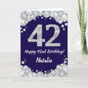 ハッピー42誕生日ネービーブルーアンドシルバーグリッター カード