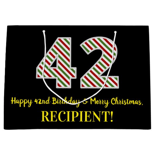 ハッピー42誕生日&メリークリスマス、名前をカスタムする ラージペーパーバッグ (正面)
