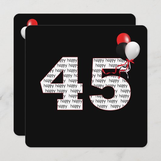 ハッピー45th誕生日オンブラック招待状 招待状 (正面/裏面)
