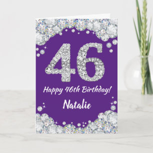 ハッピー46誕生日紫と銀のグリッターカード カード