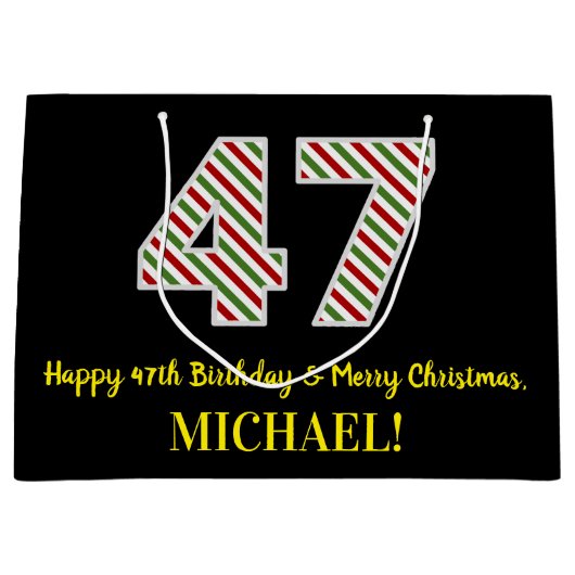 ハッピー47誕生日&メリークリスマス、名前をカスタムする ラージペーパーバッグ (正面)