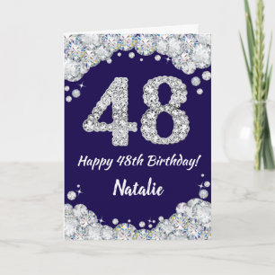 ハッピー48誕生日ネイビーブルー&シルバーグリッター カード
