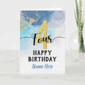 ハッピー4thバースデーウォーターカラーブルー&金ゴールドボーイ カード (正面)